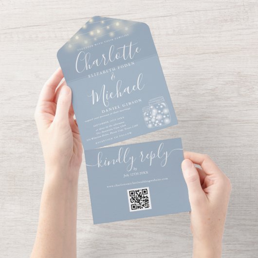 Dusty Blue QR Code Mason Jars String Light Wedding All In One Uitnodiging (Afscheurbaar)