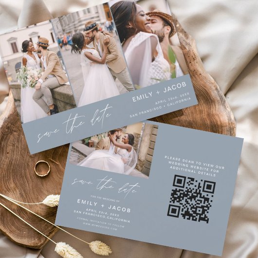 Dusty Blue QR Code Modern Sla de datum op 4 Foto Save The Date