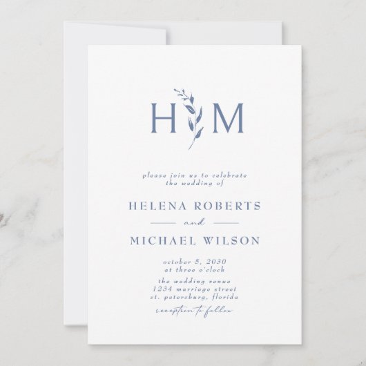 Dusty Blue QR Code RSVP Botanical Monogram Weddens Kaart (Voorkant)