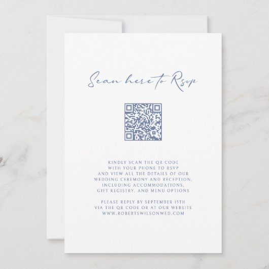 Dusty Blue QR Code RSVP Botanical Monogram Weddens Kaart (Achterkant)