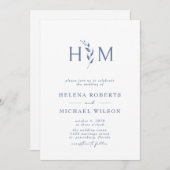 Dusty Blue QR Code RSVP Botanical Monogram Weddens Kaart (Voorkant / Achterkant)