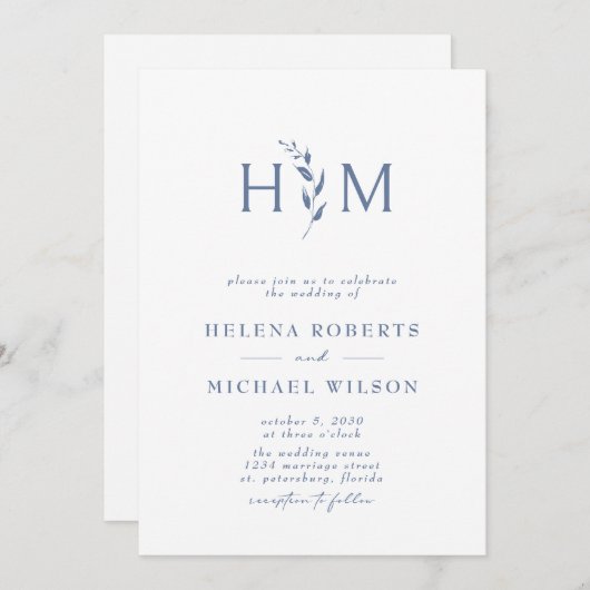 Dusty Blue QR Code RSVP Botanical Monogram Weddens Kaart (Voorkant / Achterkant)