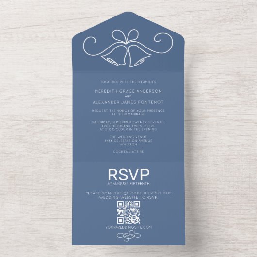 Dusty Blue QR Code RSVP Bruiloft All In One Uitnodiging (Binnen)