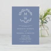 Dusty Blue QR Code RSVP Monogram Wreath Weddenscha Kaart (Staand voorkant)