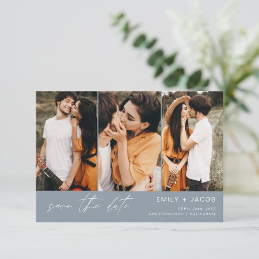 Dusty Blue QR Code Save the Date 3 Foto Elegant (Staand voorkant)
