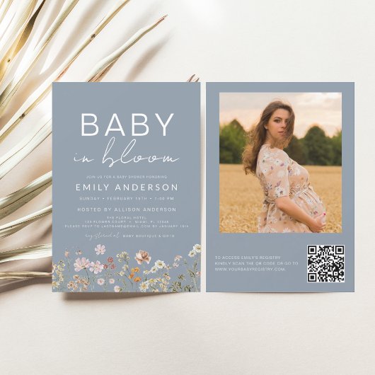 Dusty Blue QR Code Wildflower Baby in Bloom Shower Kaart