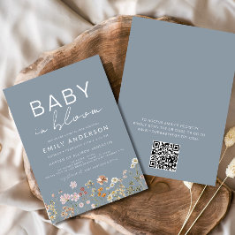 Dusty Blue QR Code Wildflower Baby in Bloom Shower Kaart
