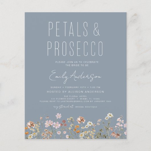 Dusty Blue QR Code Wildflower Petals & Prosecco Flyer (Voorkant)