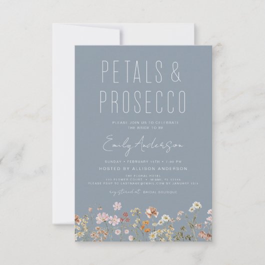 Dusty Blue QR Code Wildflower Petals & Prosecco Kaart (Voorkant)