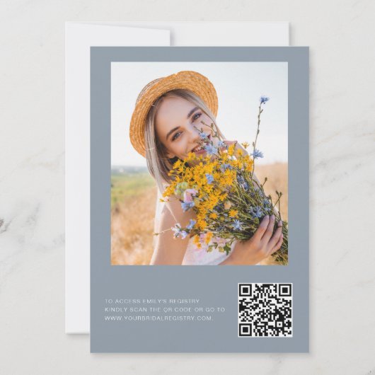 Dusty Blue QR Code Wildflower Petals & Prosecco Kaart (Achterkant)