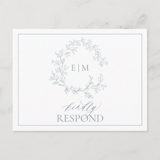Dusty Blue QR Leafy Crest Monogram Weddenschap RSV Uitnodiging Briefkaart (Voorkant)