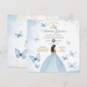 Dusty Blue Quinceañera 15 Anos Butterfly Gold Kaart (Voorkant / Achterkant)