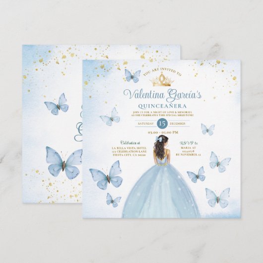 Dusty Blue Quinceañera 15 Anos Butterfly Gold Kaart (Voorkant / Achterkant)