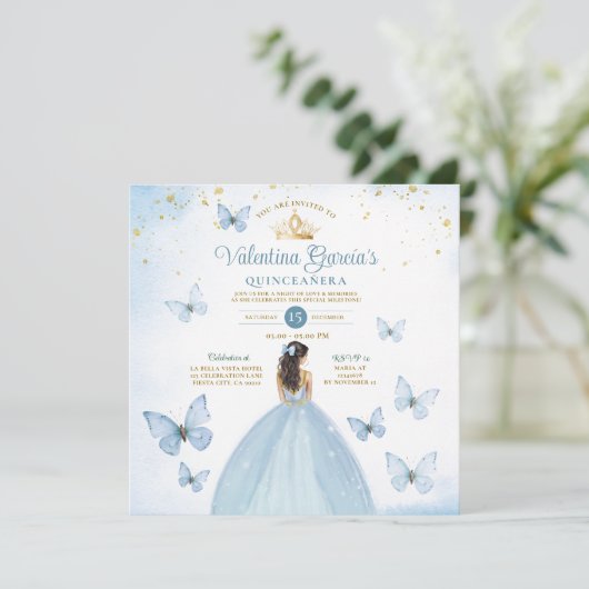 Dusty Blue Quinceañera 15 Anos Butterfly Gold Kaart (Staand voorkant)