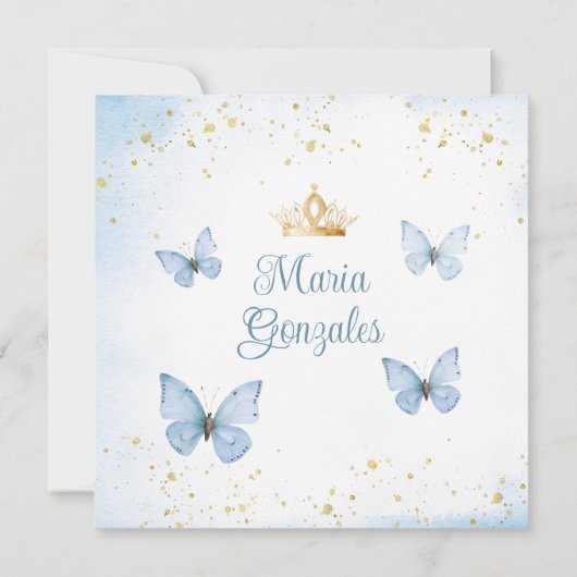 Dusty Blue Quinceañera 15 Anos Butterfly Gold Kaart (Achterkant)