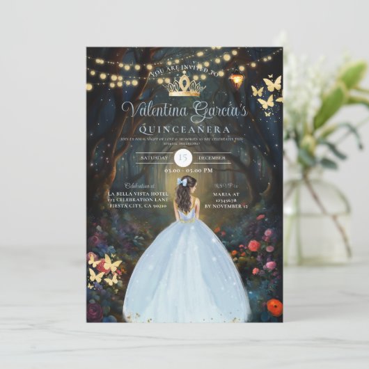 Dusty Blue Quinceañera 15 Anos Fores Bloemen Goud Kaart (Staand voorkant)