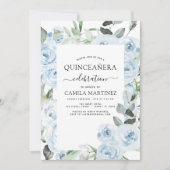 Dusty Blue Quinceañera Floral Invitation Kaart (Voorkant)