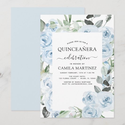Dusty Blue Quinceañera Floral Invitation Kaart (Voorkant / Achterkant)