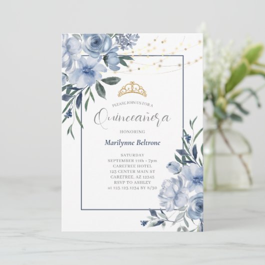 Dusty Blue Quinceañera Uitnodiging (Staand voorkant)