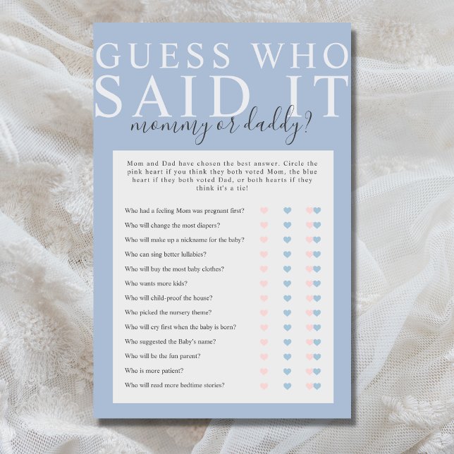 Dusty Blue Raad die het Baby shower Game zei (Minimalist, simple Guess Who Said It baby shower game in dusty blue)
