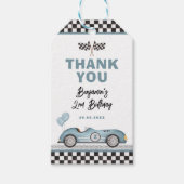 Dusty Blue Race Car Twee Fast Boy Verjaardagsgunst Cadeaulabel (Voorkant)