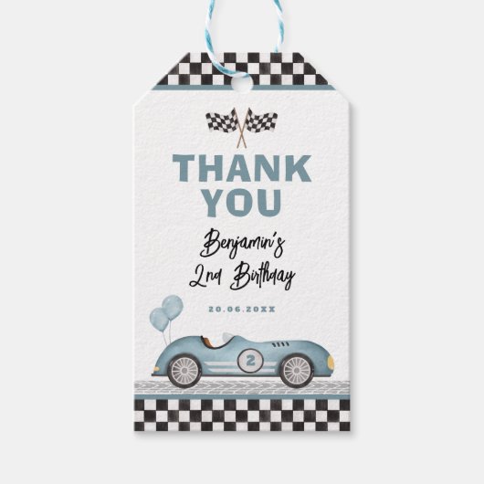 Dusty Blue Race Car Twee Fast Boy Verjaardagsgunst Cadeaulabel (Voorkant)