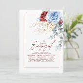 Dusty Blue Red Floral Engagement Party Photo Kaart (Staand voorkant)
