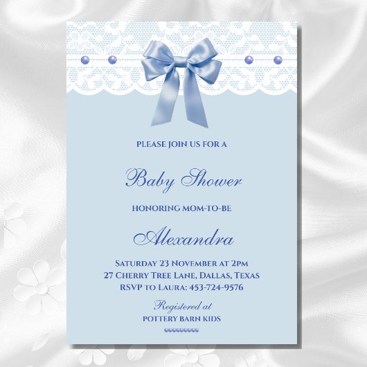 Dusty Blue Regency Bow Pearl Lace Baby shower Kaart