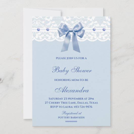 Dusty Blue Regency Bow Pearl Lace Baby shower Kaart (Voorkant)