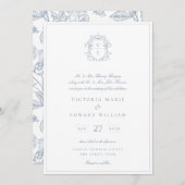 Dusty Blue Regency Crest Monogram Bruiloft Kaart (Voorkant / Achterkant)