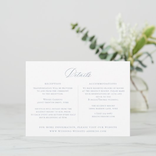 Dusty Blue Regency Floral Wedding Details Kaart (Staand voorkant)