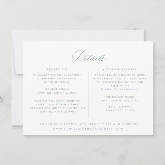 Dusty Blue Regency Floral Wedding Details Kaart (Voorkant)