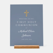 Dusty Blue Religieuze Jongen Eerste Communie Welko Acryl Bord (Voorkant)