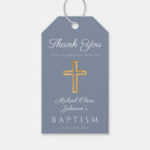 Dusty Blue Religious Cross Boy Baptisme Cadeaulabel (Voorkant)