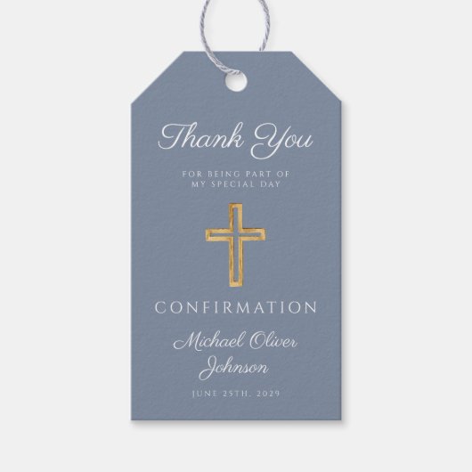 Dusty Blue Religious Cross Boy Confirmation Cadeaulabel (Voorkant)