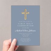 Dusty Blue Religious Cross Boy First Communion Acryl Uitnodigingen (Insitu (Draagbaar))