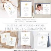 Dusty Blue Religious Cross Boy First Communion RSVP Kaartje