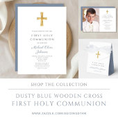 Dusty Blue Religious Cross Boy First Communion RSVP Kaartje