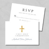 Dusty Blue Religious Cross Boy First Communion RSVP Kaartje