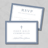 Dusty Blue Religious Cross Boy First Communion  RSVP Kaartje