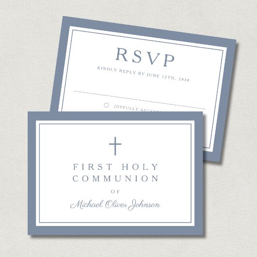 Dusty Blue Religious Cross Boy First Communion  RSVP Kaartje
