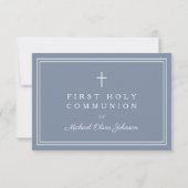 Dusty Blue Religious Cross Boy First Communion RSVP Kaartje (Achterkant)