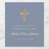 Dusty Blue Religious Cross Boy First Communion Wijn Etiket (Enkel label)