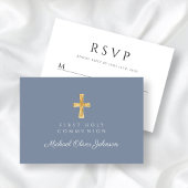 Dusty Blue Religious Cross Boy First Community RSVP Kaartje