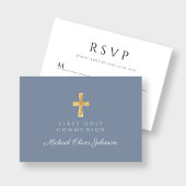 Dusty Blue Religious Cross Boy First Community RSVP Kaartje