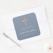 Dusty Blue Religious Cross Boy First Community Vierkante Sticker (Envelop)