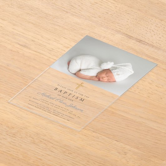 Dusty Blue Religious Cross Boy Foto Baptisme Acryl Uitnodigingen (Laagn)