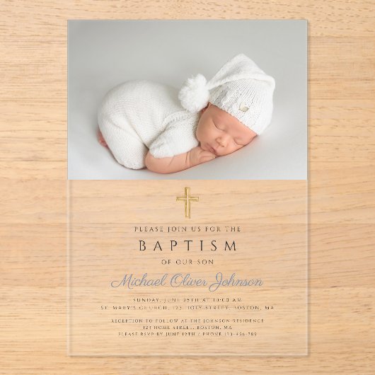 Dusty Blue Religious Cross Boy Foto Baptisme Acryl Uitnodigingen (Voorkant)