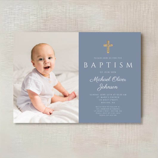 Dusty Blue Religious Cross Boy Foto Baptisme Kaart