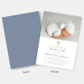 Dusty Blue Religious Cross Boy Foto Baptisme Kaart
